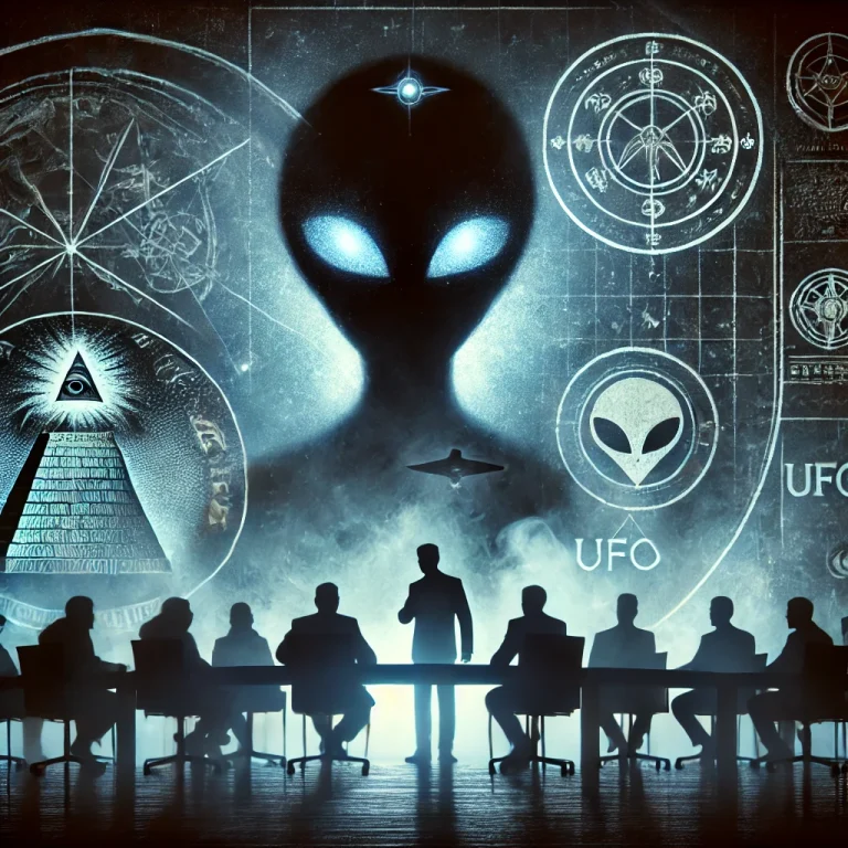 A dark sky filled with clouds, illuminated by a mysterious glowing light, possibly symbolizing an alien spacecraft or spiritual encounter. The light contrasts with the ominous surroundings, representing the battle between good and evil.