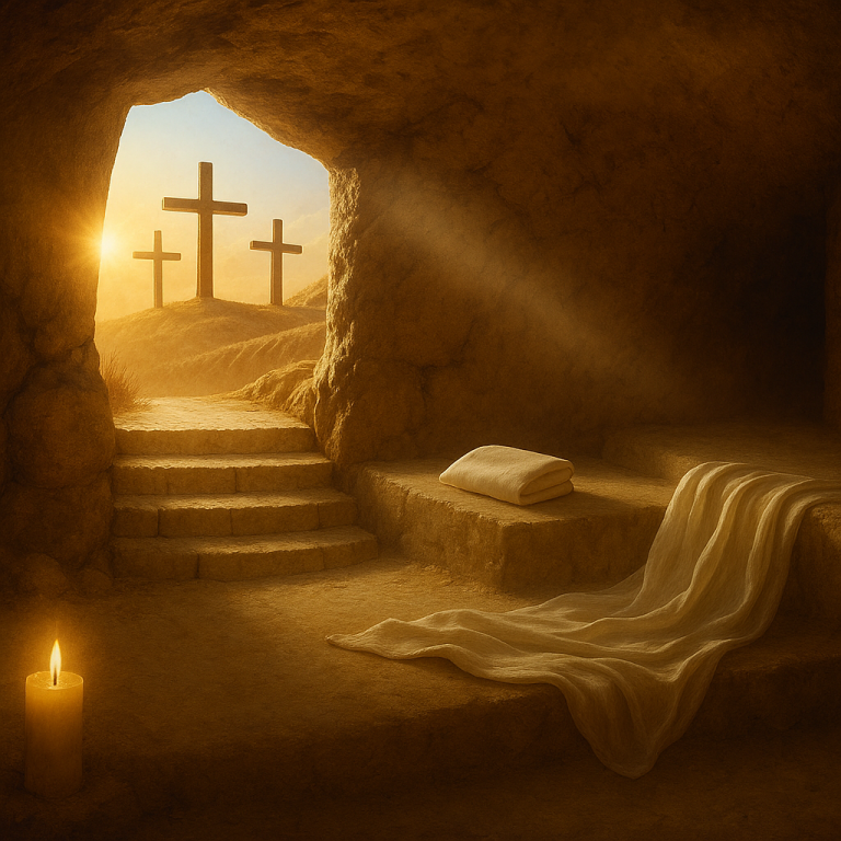 view from inside the empty tomb at sunrise, with the stone rolled away, linen cloths lying on the burial slab, and a folded napkin placed separately, referencing John 20:6-7. Three crosses stand on Golgotha in the distance.
