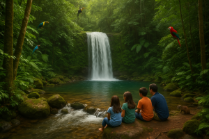 Family relaxing by a rainforest waterfall, surrounded by vibrant wildlife and clear flowing waters