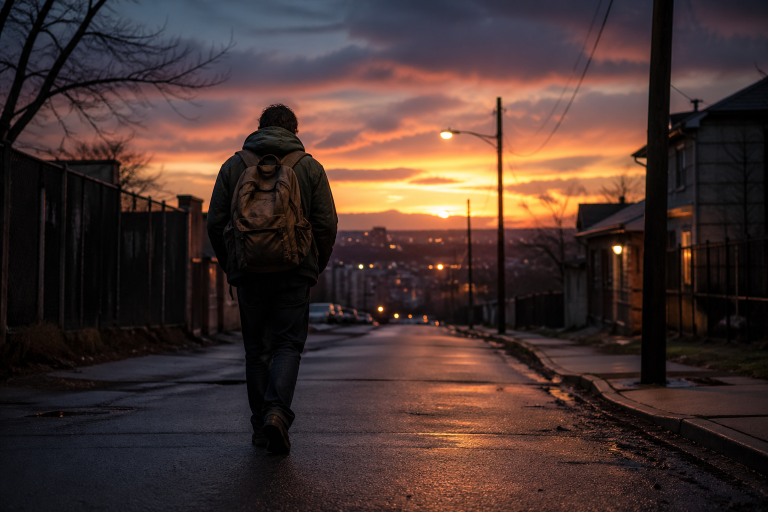 Man experiencing homelessness walking on a city street with his personal belongings in back pack.
